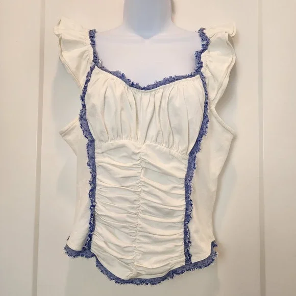 Anthropologie Sleeveless Ruched Ruffled Tee M‎ Coquette Western Coastal Cowgirl - Picture 2 of 14